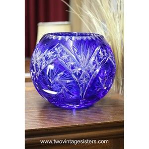 Bohemian Cobalt Blue Cut To Clear Crystal Rose Bowl